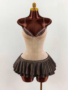 Amplova 女士撞色迷你连衣裙，性感、前卫、简约、复古A字百褶裙，性感复古风 - 棕色 - 查看 2