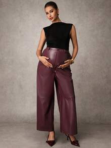 MaterniChic Maternity Stylish Commuter High Waist Wide Leg Pants - Burgundy - View 3