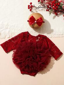SHEIN 2Pcs Set Red Newborn Photography Lace Romper With Bowknot Pearl Headband Baby Girl Photo Shooting Props Infant Studio Taking Picture Clothes - Red - View 2