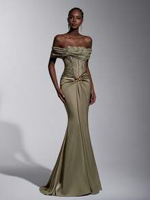 Elitara Elegant Green 3D Lace Beaded Satin Patchwork Strapless Off Shoulder Fishbone Pleated Waist Butterfly Metal Decor Front Draped Fishtail Formal Dress, Suitable For All Formal Occasions, Weddings - Olive Green - View 7