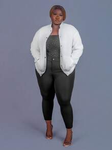 CurvyTilda Chaqueta casual holgada de un solo pecho de manga larga con hombros caídos de unicolor para mujer de talla grande, para otoño/invierno - Blanco - Ver 7