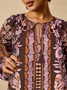 Travachic Plus Size Women's Black Tropical Plant & Retro Print Long Sleeve Shirt, V-Neck Tassel Drawstring Pattern Blouse - Burgundy - View 6