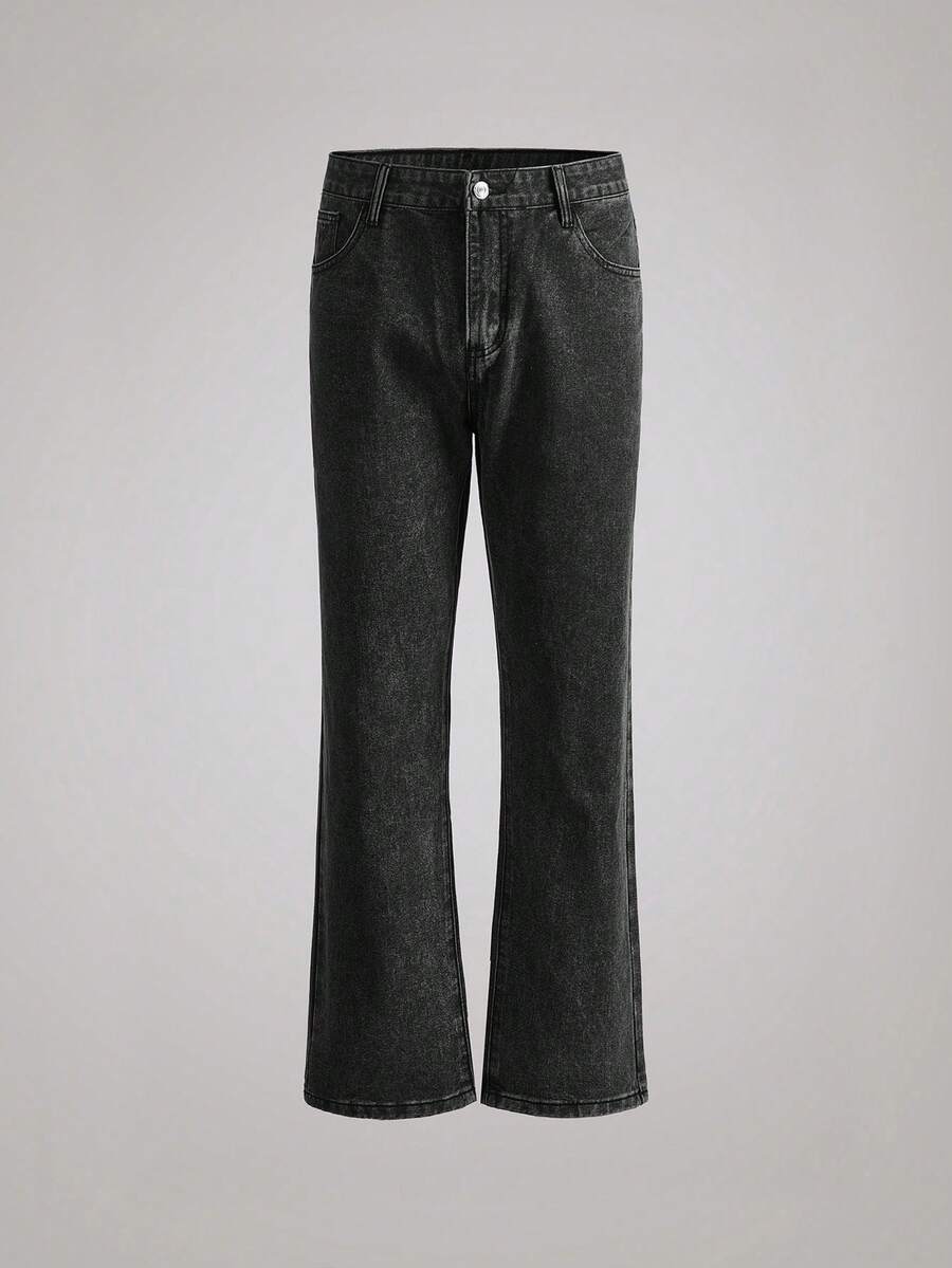 Officeau 男士水洗浅蓝色直筒牛仔裤，宽松版型，复古Y2K风格，简约百搭，春夏皆宜 - 深灰色 - 查看 1