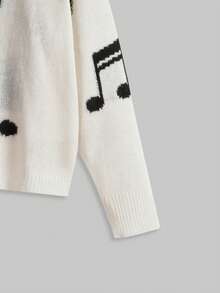 ROMWE Women's Pullover Sweater With All-Over Musical Note Intarsia Knit Pattern - White - View 4