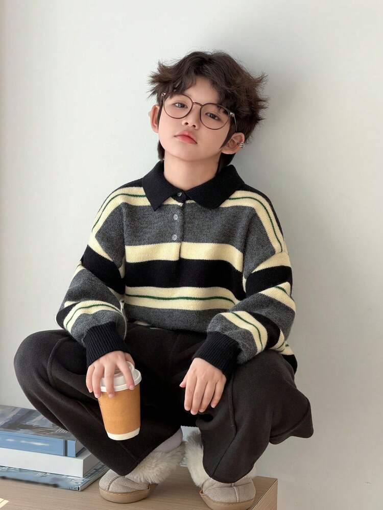 Tween Boy Striped Pattern Button Casual Versatile Long Sleeve Pullover Sweater