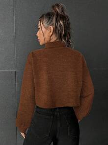 SHEIN EZwear 春季高领落肩罗纹针织灯笼袖短款 T 恤 - 棕色 - 查看 2