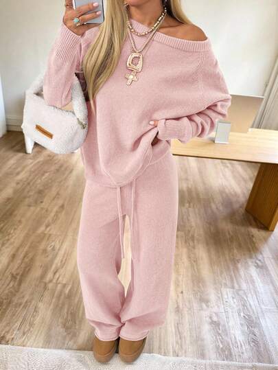 CovetEZ Pink Asymmetric Collar Long Sleeve Top And Drawstring Waist Long Pants Casual Knit Suit,Fall,Fall Clothes For Women,Winter Clothes For Women