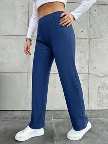 Plus Size Casual Solid Color Straight Leg Pants - Dusty Blue - View 4