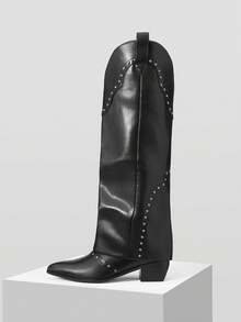 MOTF BOTAS DE MUJER DE PIEL DE PU CON REMACHES Y TACÓN DE MODA - Negro - Ver 4