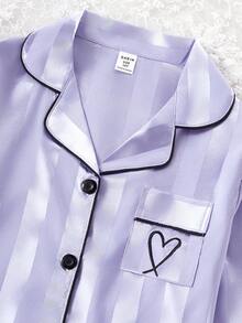 女童条纹爱心刺绣开衫长裤家居服套装（2件套），优雅简约，面料舒适，是理想的新年礼物。 - 彩色 - 查看 8