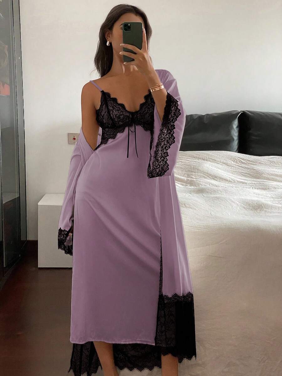 DAZY 2 Stücke Damen Nachtwäsche Set: Kontrast-Farbige Spitze Robe & Unterkleid - Mauve - Übersicht 1