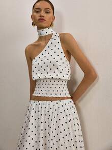 ATUI Studio Blusa elegante de un solo hombro con estampado de lunares para mujer - Blanco - Ver 5