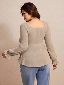 Elaquor Plus Size Women Solid Color Front Tie Flare Sleeve Ribbed Fashionable T-Shirt Tie Front Top - Apricot - View 2