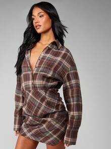 MISSGUIDED Plaid Button Down Shirt Dress Mini Long Sleeve Collared Checkered Fall Winter Casual Day Asymmetric Hem - Multicolor - View 6
