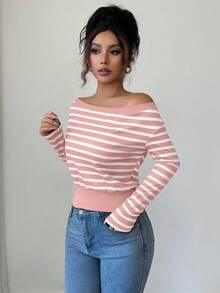 Elenzga 女士时尚优雅不对称肩部条纹下摆修身长袖T恤 - 粉色 - 查看 3