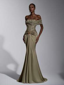 Elitara Elegant Green 3D Lace Beaded Satin Patchwork Strapless Off Shoulder Fishbone Pleated Waist Butterfly Metal Decor Front Draped Fishtail Formal Dress, Suitable For All Formal Occasions, Weddings - Olive Green - View 5