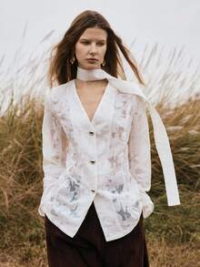 Florisole Áo khoác blazer nữ thêu ren phong cách Bohemian thường ngày có cà vạt đính cườm, phù hợp cho mùa xuân, hè, thu - Màu be - Xem 6