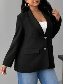Hourglow Allicaitlin Plus Size Casual Versatile Solid Color Blazer In Fall/Winter, For Hourglass Body Shape - Black - View 3