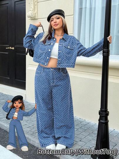 SHEIN ICON Plus Size Women Denim Crochet Straight Leg Pants