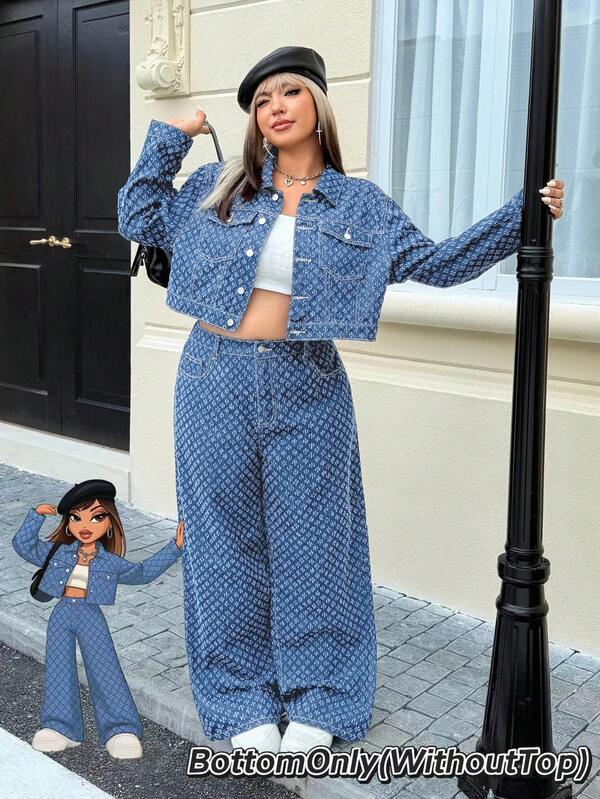 SHEIN ICON Plus Size Women Denim Crochet Straight Leg Pants
