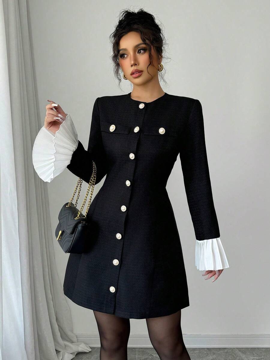 Selianne 女士格子金属纽扣装饰荷叶边袖口 A 字形性感短款黑色连衣裙，优雅