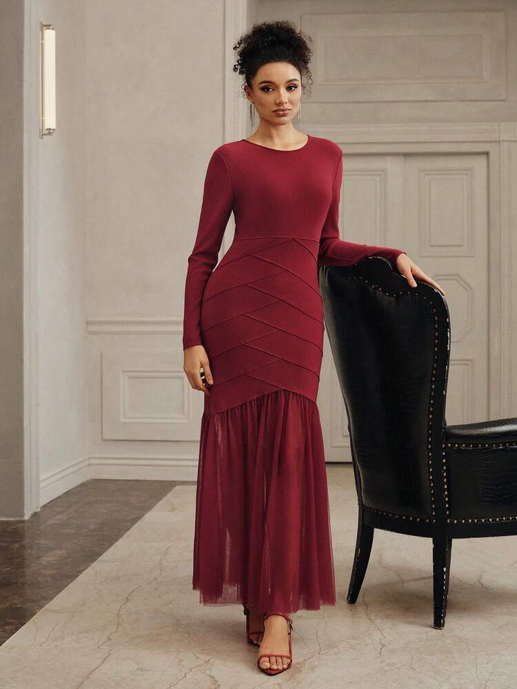 Women's Elegant Fitted Mesh Patchwork Dress