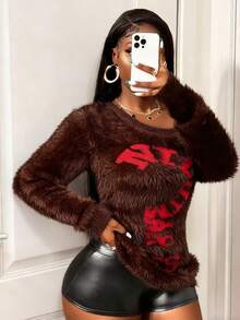 BamGleam Women's Long Sleeve Asymmetrical Shoulder Pullover Sweater,Fuzzy Greeting Letter Pattern,Brown Checked,Autumn,Casual,Streetwear,Occasion Retro Knit - Coffee Brown - View 4