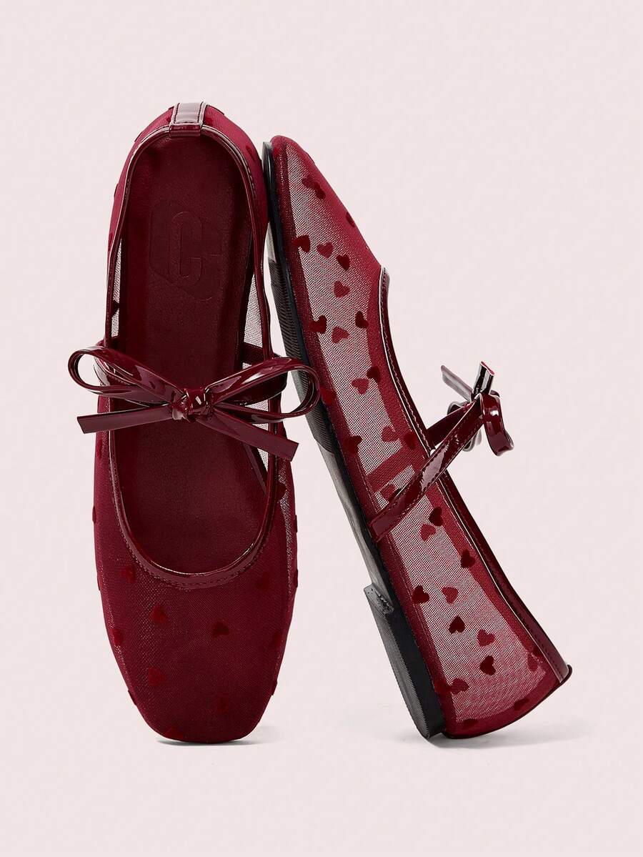 CUCCOO DOLLMOD Women's Fashionable & Elegant Heart Mesh Bow Decor Flats, Suitable For Commuting For Christmas Spring Shoes - Burgundy - View 1