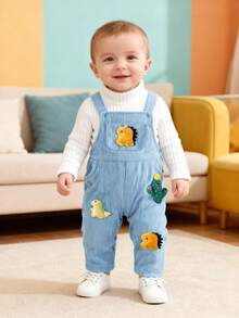 SHEIN Conjunto de 2 piezas para niños pequeños: Peto de pana y camiseta de cuello alto acanalado de manga larga con decoración de dinosaurio 3D