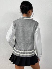 Chiquease 女士休闲撞色滚边针织背心，秋冬季 - 灰色 - 查看 2