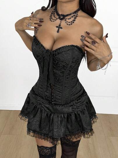 Coolane Damtopp med Y2K-motiv, goth chic, ravemönster och spets, texturerade axelband, volang, hyskor, spännen och rosett, svart, höst/vinter, året runt