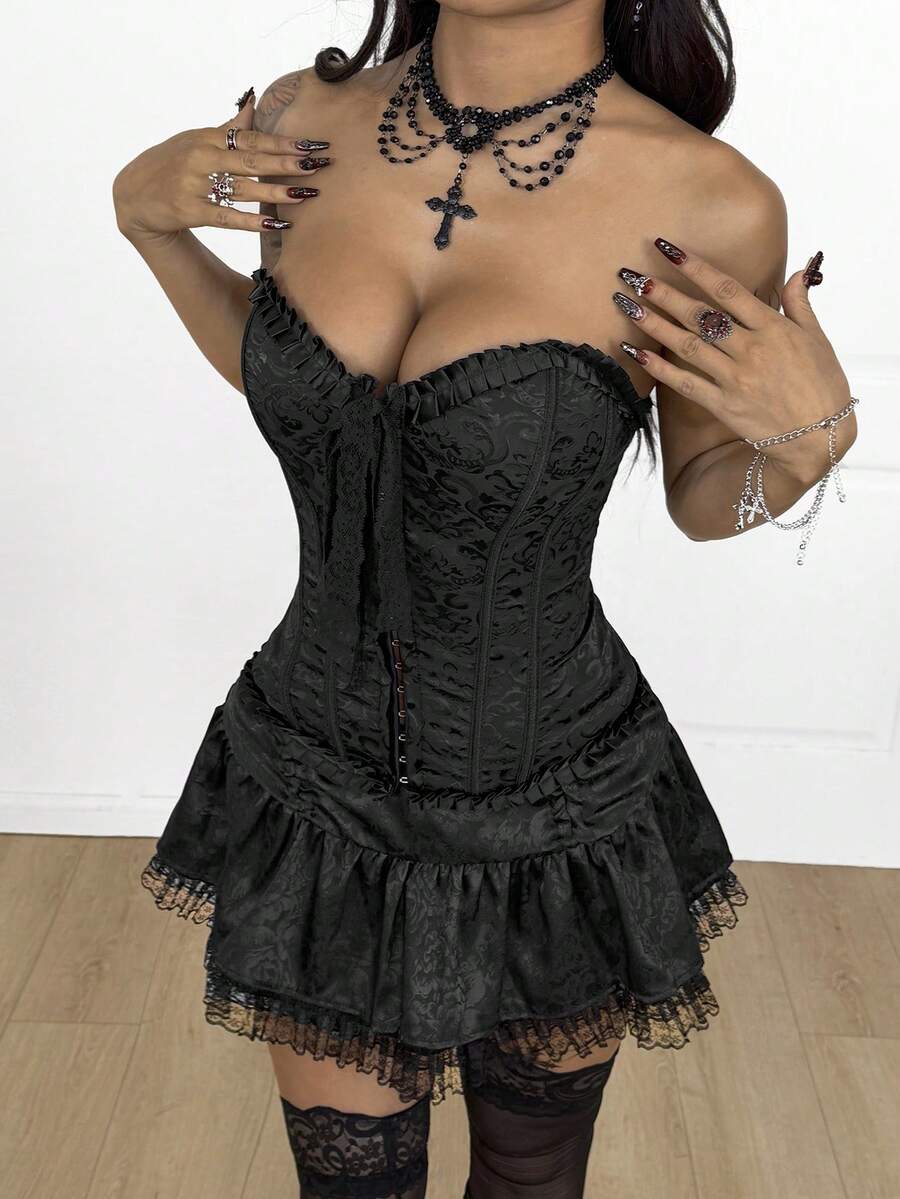 Coolane Women's Fall/Winter All-Season Y2K Goth Chic Rave Lace Textured Straps Tube Ruffle Hook Buckle Bow Black Tube Top - Black - View 1