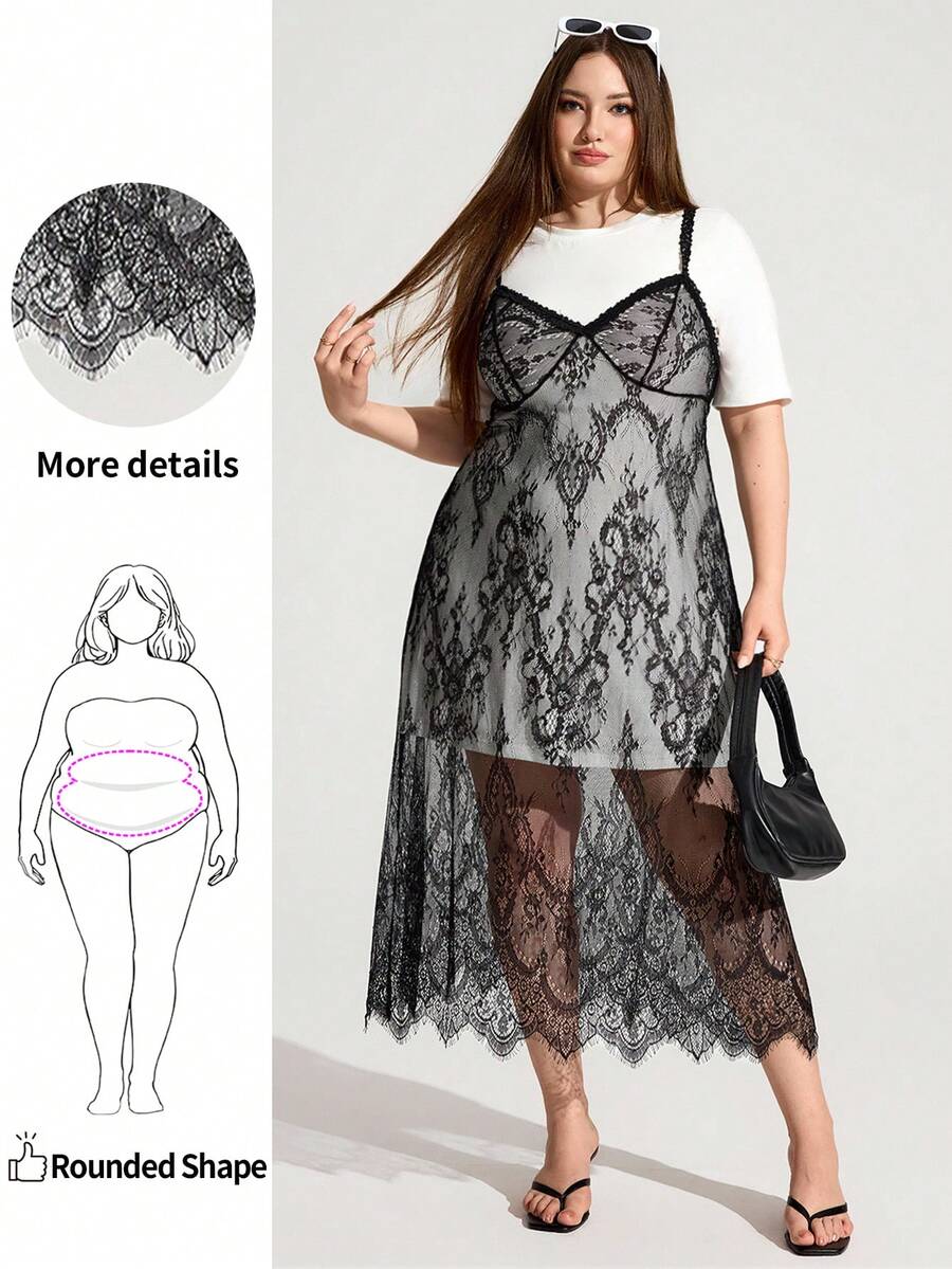 Enliva Abidrinkell 2 In 1 Colorblock, Lace Camisole Long Dress, Plus Size Women,Summer Dresses,Lace Dresses,Birthday Dresses For Women, For Apple Rounded Body Shape