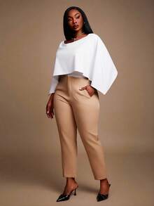 Radiana Plus Size Women's Elegant Sexy Daily Basic Apricot Solid Color Elegant Off Shoulder Batwing Cape Style Bodysuit - White - View 4