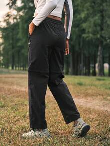 SHEIN In My Nature 女士字母印花抽绳拉链徒步裤 - 黑色 - 查看 3