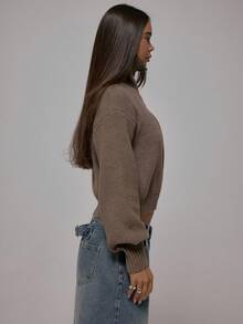 MUSERA Kurze gerippte Strick-Oversized-Kragen-Detail Cardigan Top Herbst Winter Streetwear Cool Girl Y2K Alltag Lässig Sepia