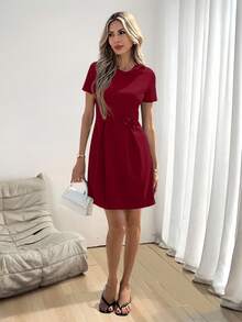 SHEIN LUNE Đầm dự tiệc tay ngắn thắt nơ màu đen cho nữ - Màu Đỏ Sâu - Xem 3