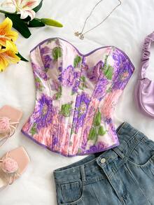 Soleia Top court bandeau style vintage avec imprimé floral jacquard, avec boutons et lien dans le dos pour femmes - Multicolore - Voir 5