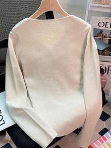 Franclia 女士休闲V领简约百搭大码T恤，春秋季 - 杏色 - 查看 2