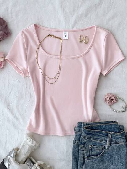 SHEIN Teen Girls' Solid Color Scoop Neck Fitted Casual Cropped Short Sleeve T-Shirt