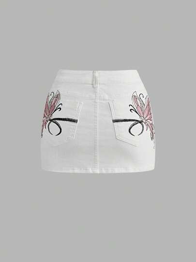 ROMWE Fairycore Y2K Fjärilsbroderi Sexig Låg Midja Bodycon Minikjol