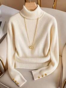 Franclia Plus Size Ribbed Turtleneck Elegant Casual Knit T-Shirt, Minimalist Solid Color Knit Sweater - Apricot - View 1