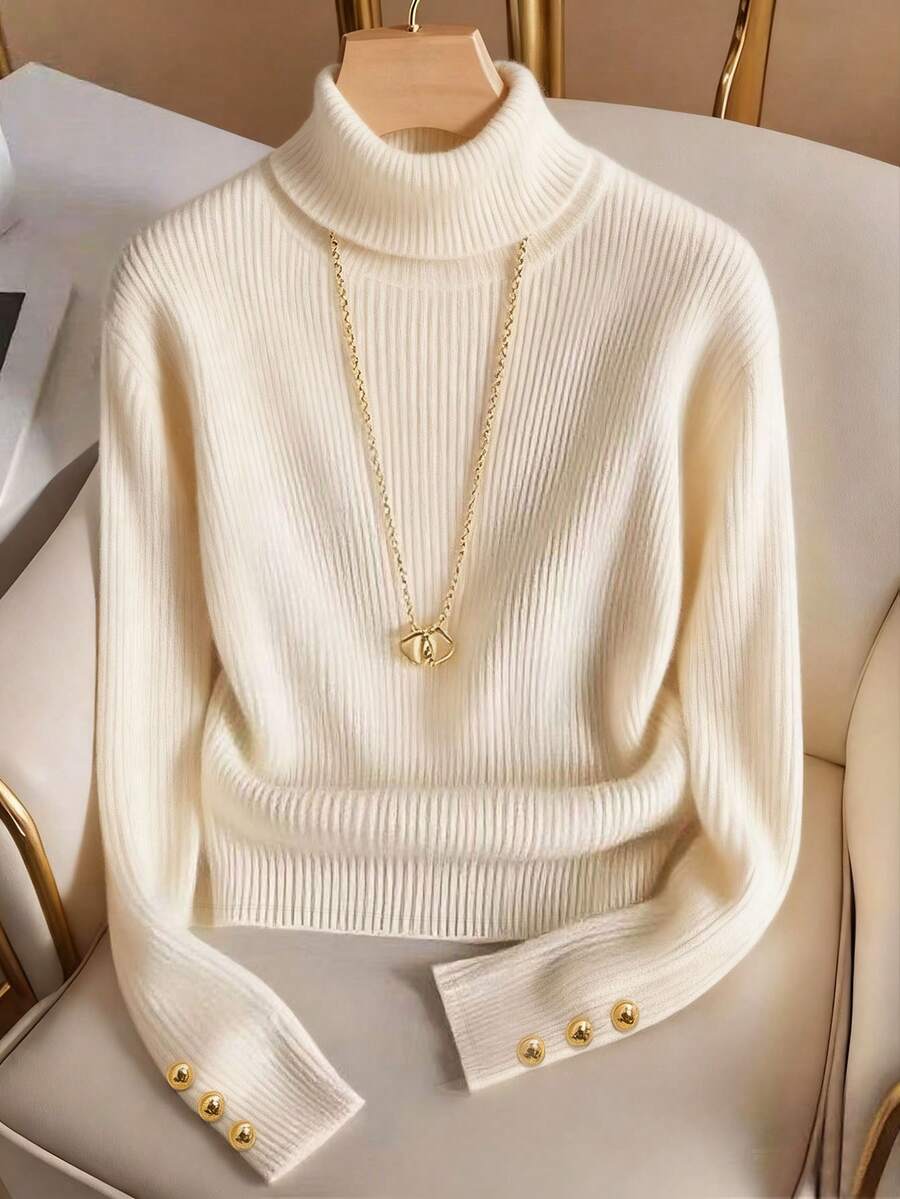 Franclia Plus Size Ribbed Turtleneck Elegant Casual Knit T-Shirt, Minimalist Solid Color Knit Sweater - Apricot - View 1