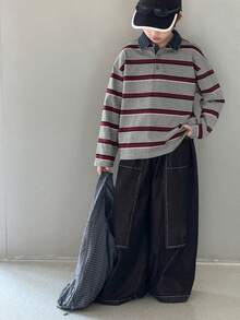 DAZY 男童休闲日常通勤撞色条纹印花宽松落肩长袖 Polo 领 T 恤，春秋季 - 灰色 - 查看 6