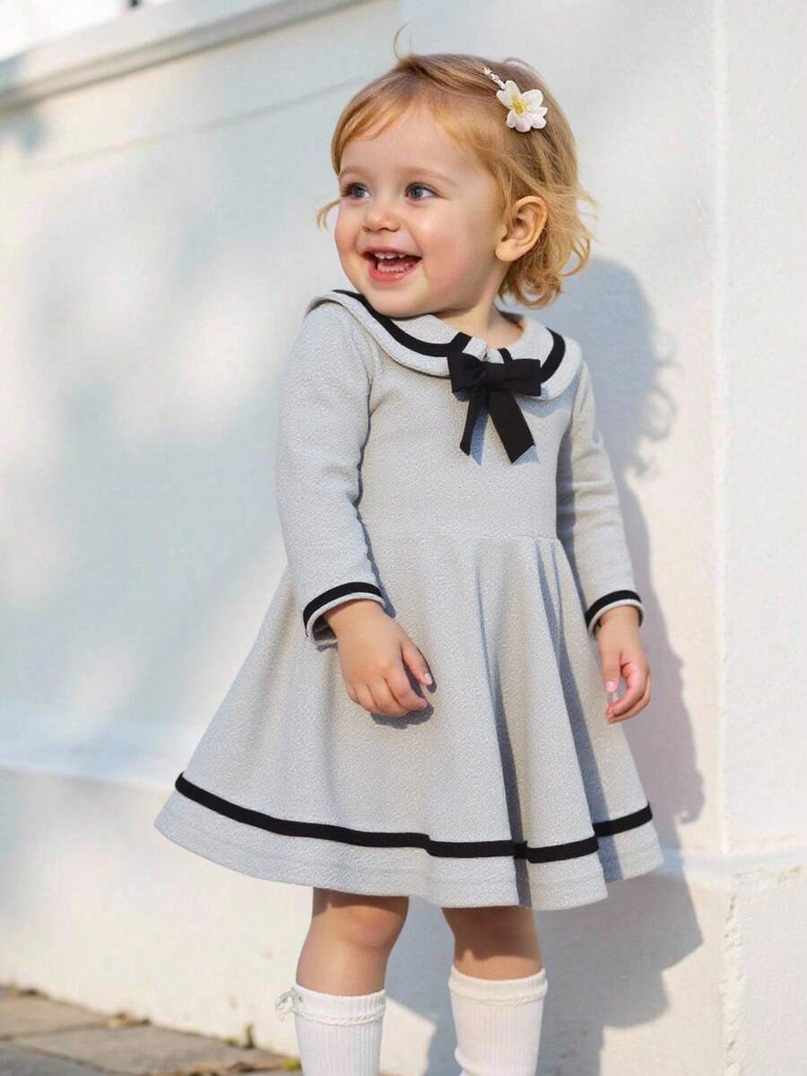 Souflis Souflis Baby Girl Cute Grey Autumn School Dress,Retro Elegant Collegiate Peter Pan Collar Knit Elastic Fabric Contrast Color Bow Decor Striped Outfit,3M-3Y - Grey - View 1