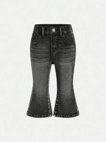 SHEIN Baby Girls' Blue Denim Thermal Lined Elastic Skinny Flare Pants - Black - View 5