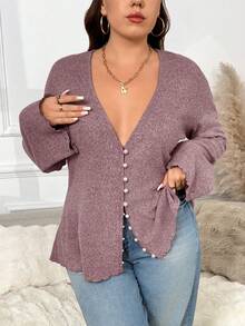 SHEIN Frenchy Plus Size Solid Color Deep V-Neck Faux Pearl Front Button Elegant Long Sleeve Jacket/Winter - Red Violet - View 4
