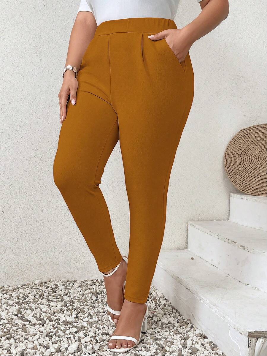 SHEIN Privé 大码纯色褶皱修身口袋打底裤 - 巧克力棕 - 查看 1