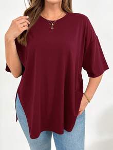 SHEIN Essnce Áo thun ngắn tay xẻ tà, kiểu dáng đơn giản, thoải mái, dễ mặc cho nữ, thích hợp mặc đi chơi, dành cho mùa xuân hè. - Màu Đỏ Sâu - Xem 3