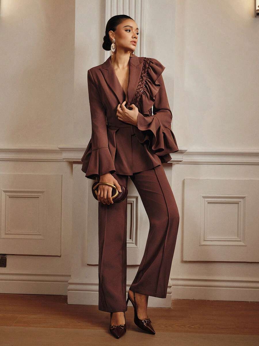 Anewsta 2件套女士串珠网纱拼接长袖荷叶边纯色上衣，秋冬新品 - 白色 - 查看 1